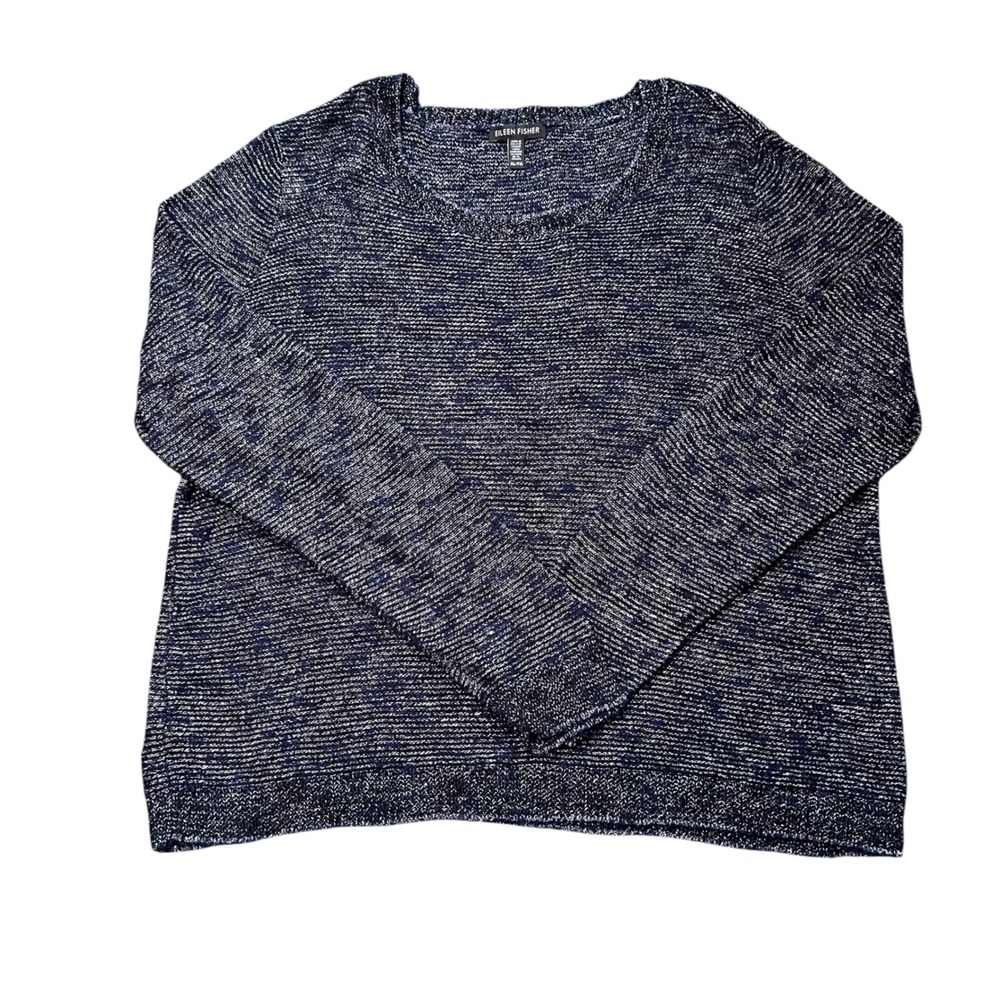 EILEEN FISHER Navy Blue Marled Knit Sweater XL Linen Blend Lagenlook Coastal EUC